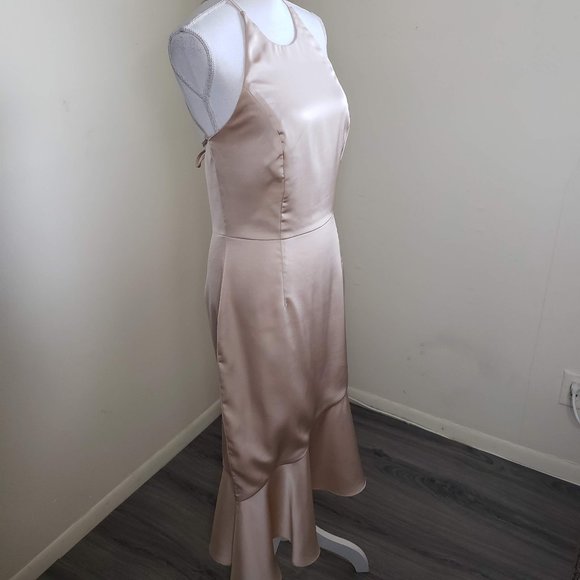 Lavish Alice Asymmetric Backless Bodycon Midi Dress Champagne Satin Size 8 - Picture 4 of 14